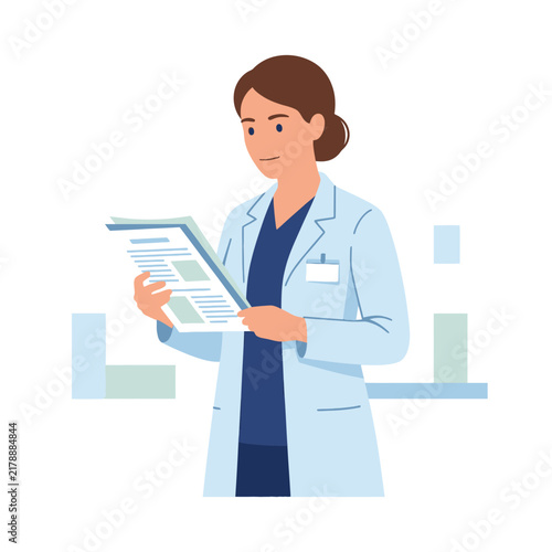Professional Woman In Lab Coat Studying Medical Documents