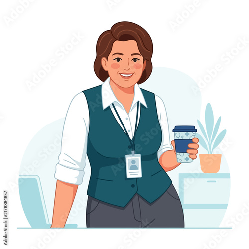 Professional Woman Holds Coffee Cup Smiling In Office Setting