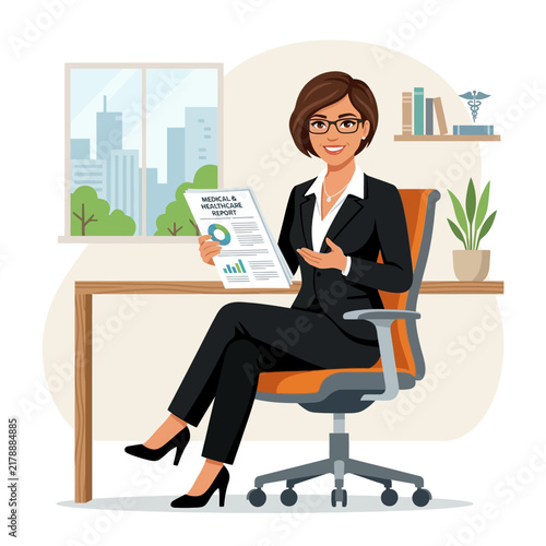 Professional Woman In Business Attire Analyzing Financial Report In Modern Office