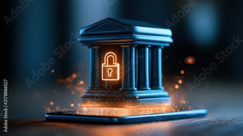 Conceptual representation of digital security and protection, featuring a bank with a padlock symbol emanating glowing sparks and light effects on a smartphone base