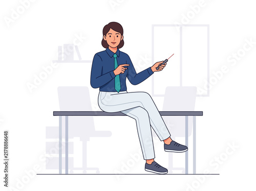 Professional Woman Delivers Presentation While Sitting On Desk