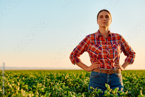 Quadro su tela Woman farmer standing proudly in a green crop field, looking at the camera with