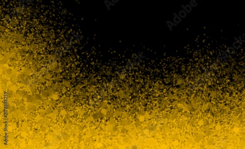 Abstract golden particles and sparkling dust on a dark black background, creating an elegant glowing texture
