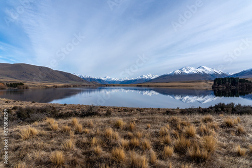 Scenery  of Lake Clearwater and the island in the middle of Lake Clearwater in the Ashburton lakes  district in the Highlands