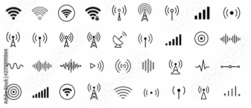 Konstfotografi Wireless signal icons set includes wifi, antenna, radio, sound waves, perfect fo