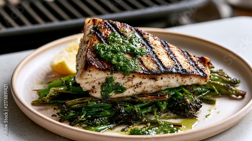 Tapety artystyczne Grilled Fish Served over Charred Broccolini / 焼き目のついたブロッコリーニに重ねた焼き魚