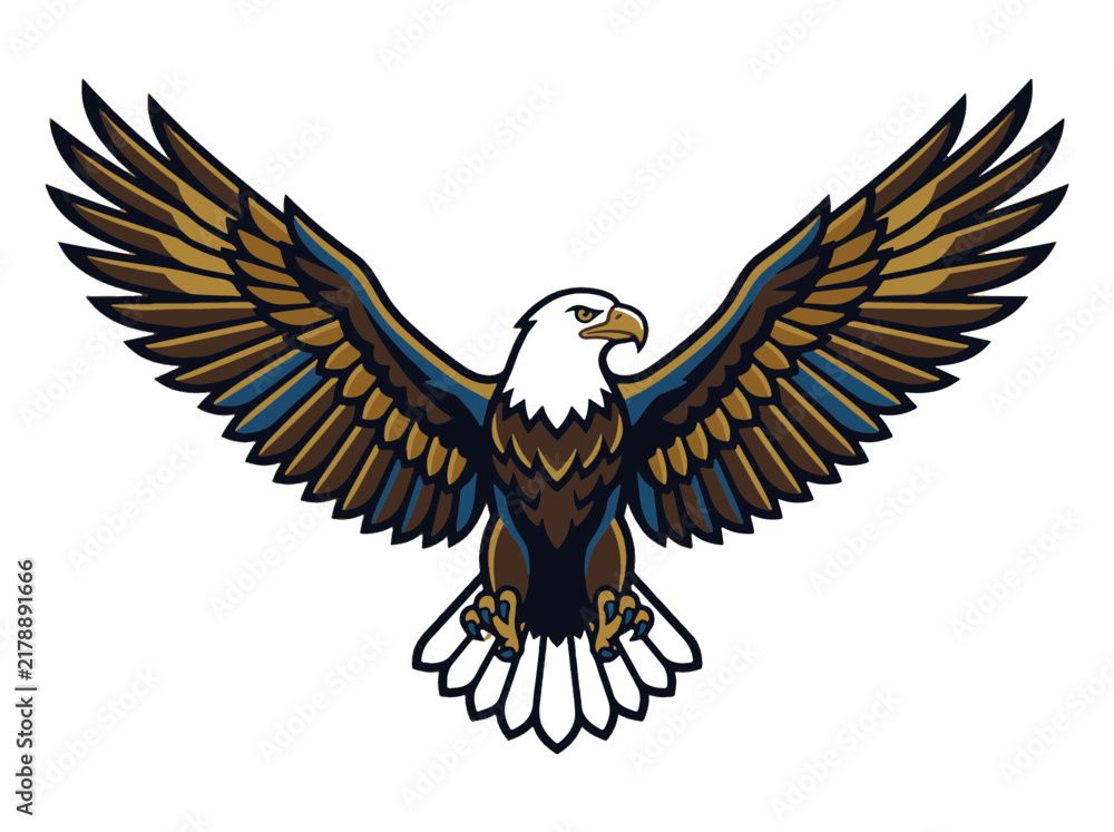 Obraz premium Bald Eagle Illustration with Powerful Wings Spread in a Dynamic Brown and Gold Vector Style