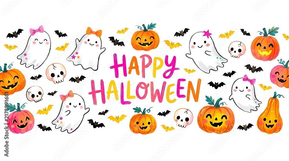 Fototapeta premium Happy Halloween banner with ghosts and pumpkins