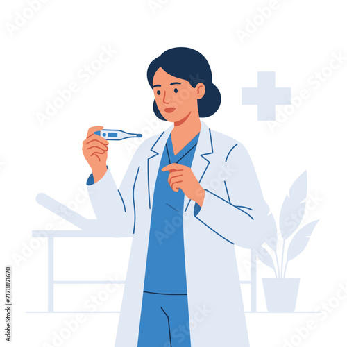 Professional Female Doctor Examining Digital Thermometer for Health Check