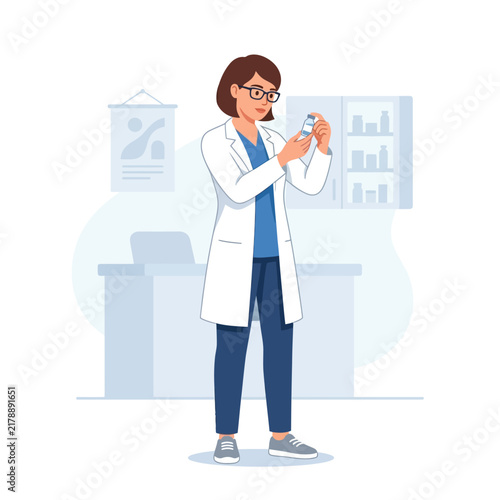 Professional Female Doctor Examining Medical Vial In Clinic Setting