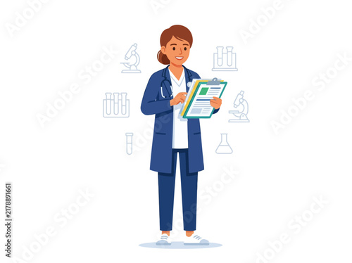 Professional Female Doctor Holding Clipboard With Medical Symbols