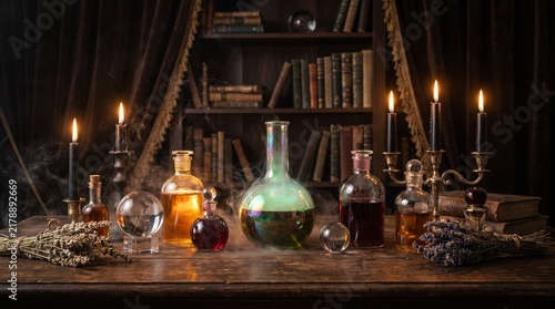 Mystical Halloween still life with colorful glass bottles, glowing potions, crystal spheres, candles, dried herbs, antique books, and atmospheric smoke on a rustic wooden table.