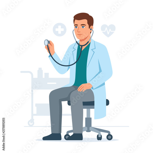 Professional Doctor Examining Patient Health With Stethoscope In Clinic Setting