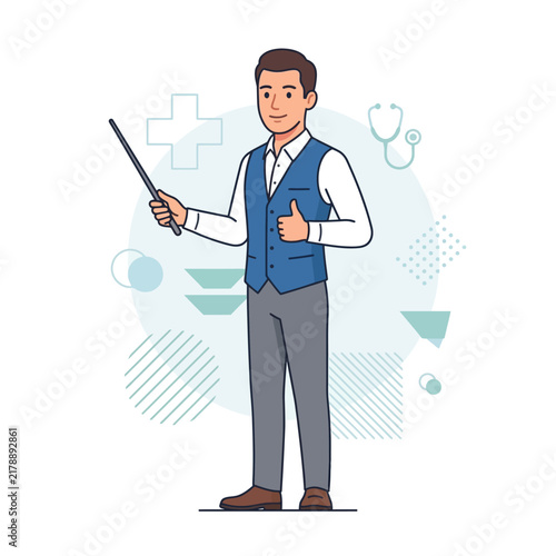 Professional Doctor Giving Presentation With Pointer Stick And Thumbs Up Gesture