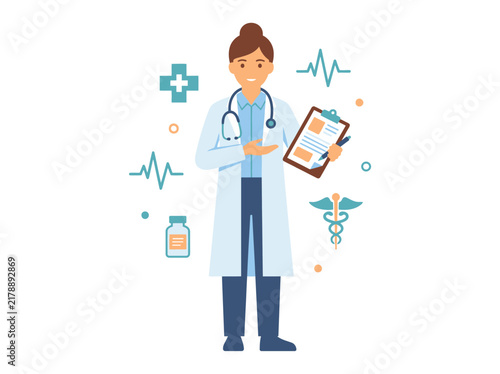 Professional Doctor Holding Clipboard And Medical Symbols Background