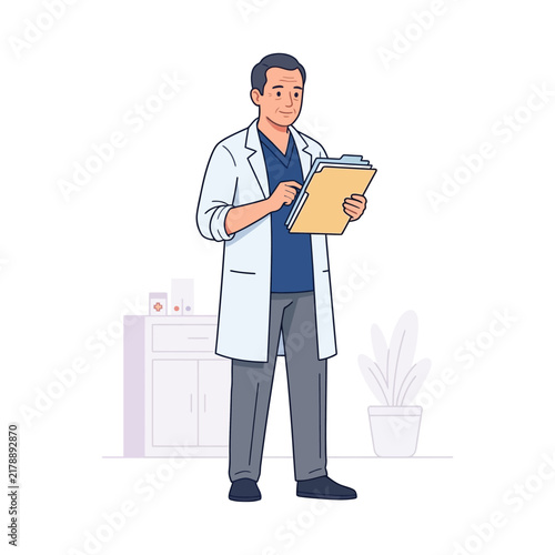 Professional Doctor Holding Clipboard And Reviewing Medical Chart Illustration