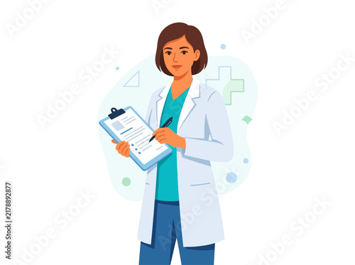 Professional Doctor Holding Clipboard And Pen In A Clean Medical Setting