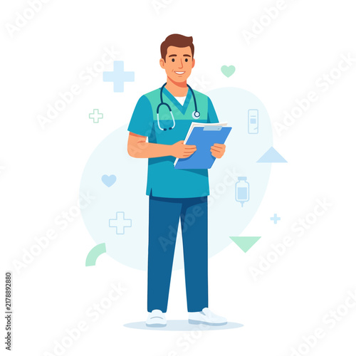 Professional Doctor Holding Clipboard And Smiling With Medical Icons In Background