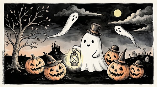Ghost with lantern and pumpkins in Halloween night scene