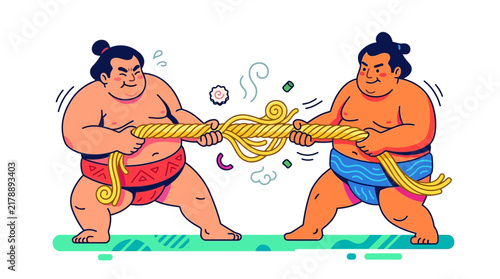 Sumo Wrestlers Tug of War with Ramen Noodles Illustration