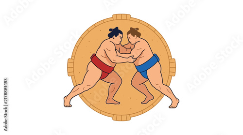 Photography Two Sumo Wrestlers Competing in a Ring Vector Illustration