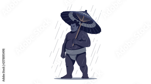 Sumo Wrestler Holding Traditional Umbrella Under Rain Illustration