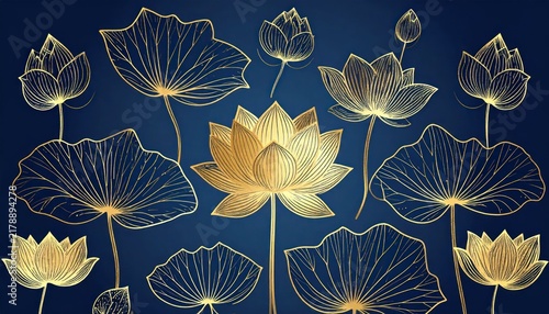 Golden lotus flower line art on dark blue background.