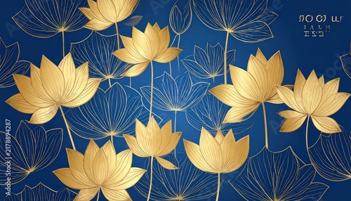 Golden lotus flower pattern on dark blue.