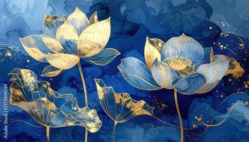 Golden lotus flowers on dark blue marble texture.