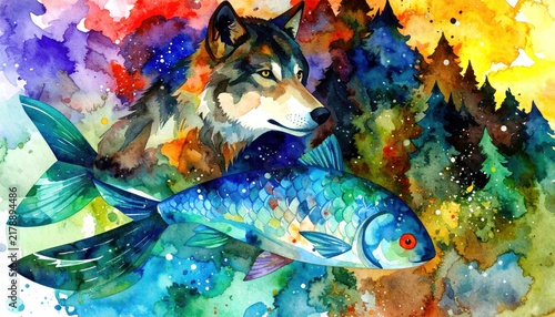 Watercolor wolf and fish in artistic forest scene.