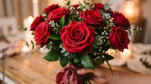 Romantic bouquet of red roses with water droplets and candles in soft light