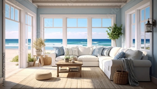 Bright coastal living room with scenic ocean view.