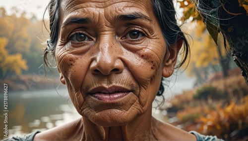 Close-up portrait of elderly woman in natural outdoor setting.
