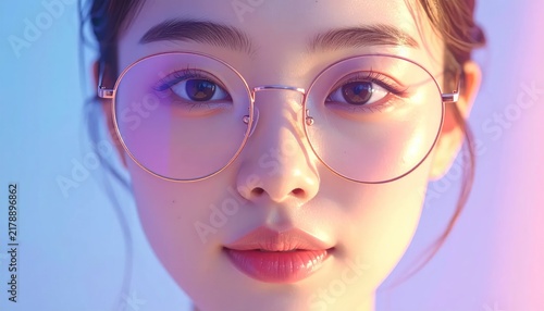 Close up portrait of woman wearing round glasses.