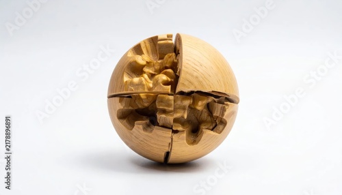 Broken wooden sphere sculpture on white background.