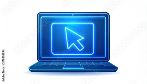 Blue neon laptop icon with glowing cursor pointer.