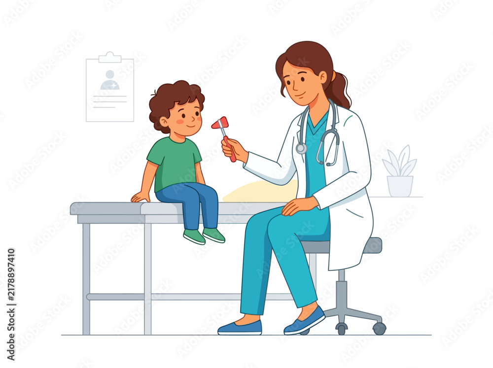 Obraz premium Pediatrician Examines Young Child With Reflex Hammer