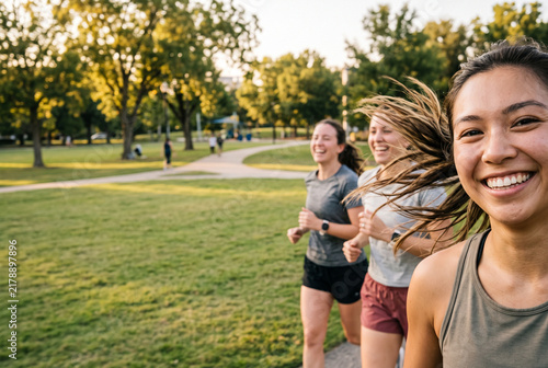 Joyful Young Women Running in Sunny Park, POV Close-Up Snapshot of Friends Jogging Together with Copy Space
