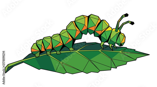 Low Poly Caterpillar Crawling on Green Leaf Vector Illustration