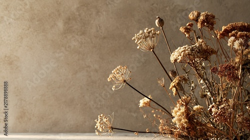 Dried autumn flowers and seed heads on warm beige textured background with ample left copy space