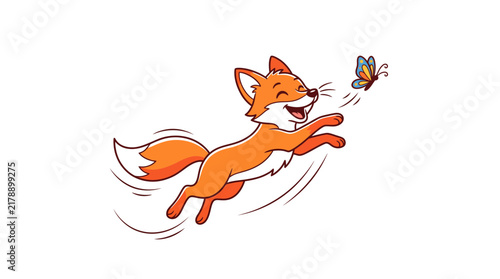 Cute cartoon fox jumping and chasing a butterfly, vector illustration of playful animal.