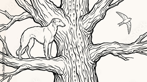 Dog standing on a tree branch watching a bird fly away in a whimsical line art illustration.