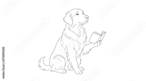 Golden Retriever dog holding an open book, line art illustration on white background.