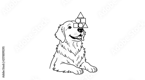 Golden Retriever dog balancing geometric shapes on head, line art vector illustration.