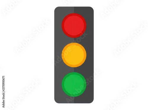 Eine flache Vektorillustration einer Ampel mit leuchtend roten, gelben und grünen Signallichtern auf einem grauen Gehäuse, isoliert auf einem weißen Hintergrund für Verkehrskonzepte und Sicherheit.