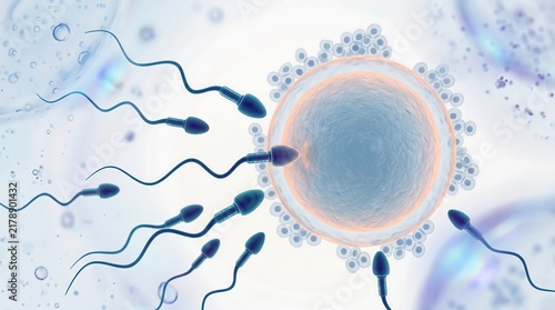 Multiple spermatozoa swimming towards a mature human egg cell during fertilization with medical illustration human reproduction science education spermatozoa fertilization reproduction fertility