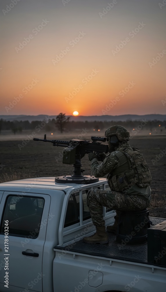 Obraz premium Soldier Operating Weapon on Military Vehicle During Sunset in a Field for Defense and Security Concept