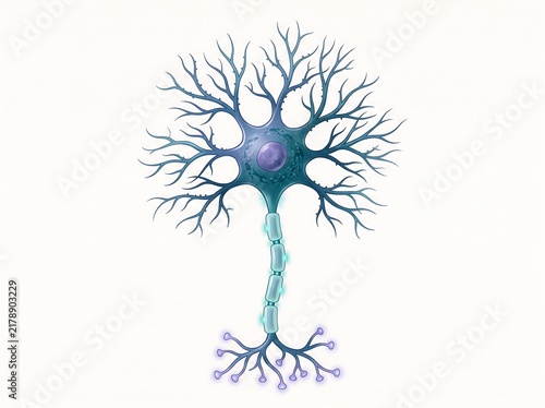Detailed medical illustration of a single neuron cell showing dendrites axon and nucleus with nerve cell brain cell nervous system cell structure human body white background dendrites medicine