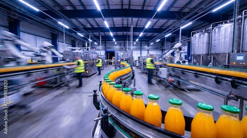Industrial automated factory line bottling fresh orange juice