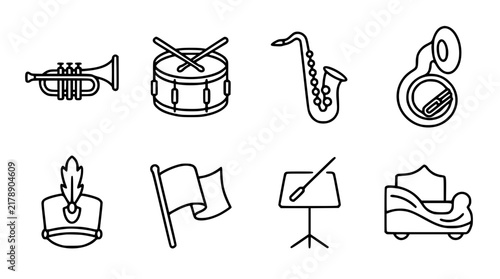 Marching Band and Musical Instruments Icon Set Featuring Trumpet Snare Drum Saxophone Tuba Shako Hat Color Guard Flag and Music Stand Outline Vectors